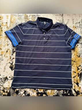 FootJoy Navy Polo with White Stripes and Blue Sleeve Bands